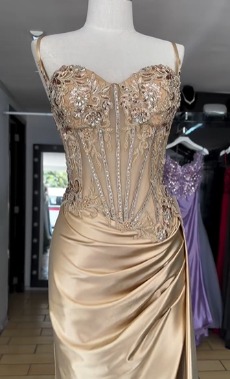 Elegant Gold Mermaid Spaghetti Straps Shiny Beaded High Slit Satin Formal Prom Dress Evening Gown TP1943