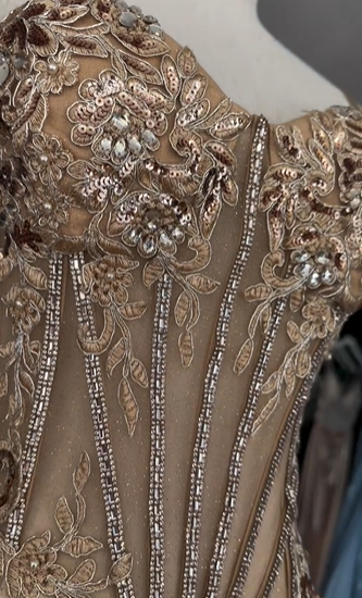 Elegant Gold Mermaid Spaghetti Straps Shiny Beaded High Slit Satin Formal Prom Dress Evening Gown TP1943