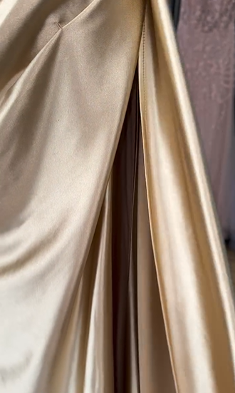 Elegant Gold Mermaid Spaghetti Straps Shiny Beaded High Slit Satin Formal Prom Dress Evening Gown TP1943