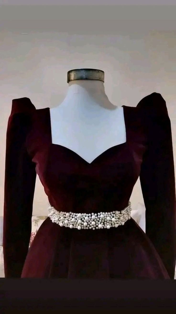Burgundy A-Line Velvet Long Sleeve Pearl Floor Length Ball Gown Evening Gown TP1949