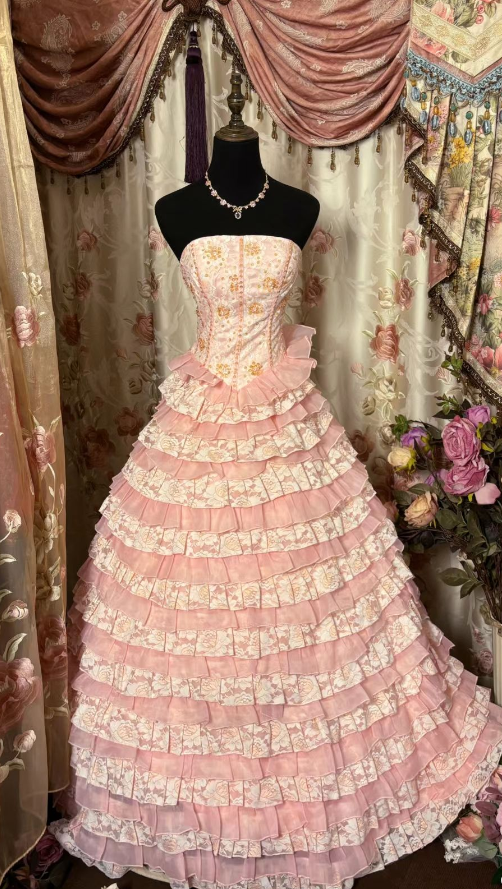 Vintage Pink A-Line Strapless Layered Tulle Floor Length Ball Gown Evening Dress TP1954