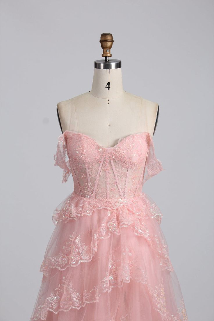 A-line pink off-the-shoulder sweetheart neckline tulle lace trim floor length formal prom dress evening gown TP1958