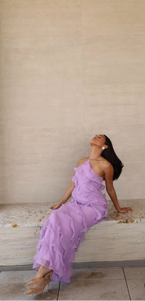 Soft Chiffon Halter Neck Off Shoulder Sleeveless Tiered Ruffle Length Ankle Ball Gown Evening Dress TP1960