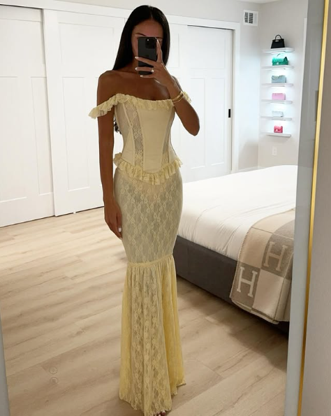 Chic Light Yellow Two-Piece Mermaid Lace Floor-Mounting Ball Gown Evening Dress TP1966