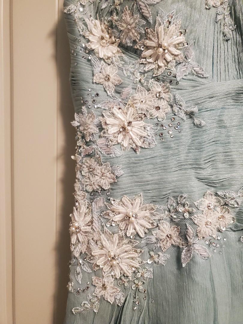 Vintage Green A-line Strap Lace Beaded Tulle Train Ball Gown Evening Dress TP1970