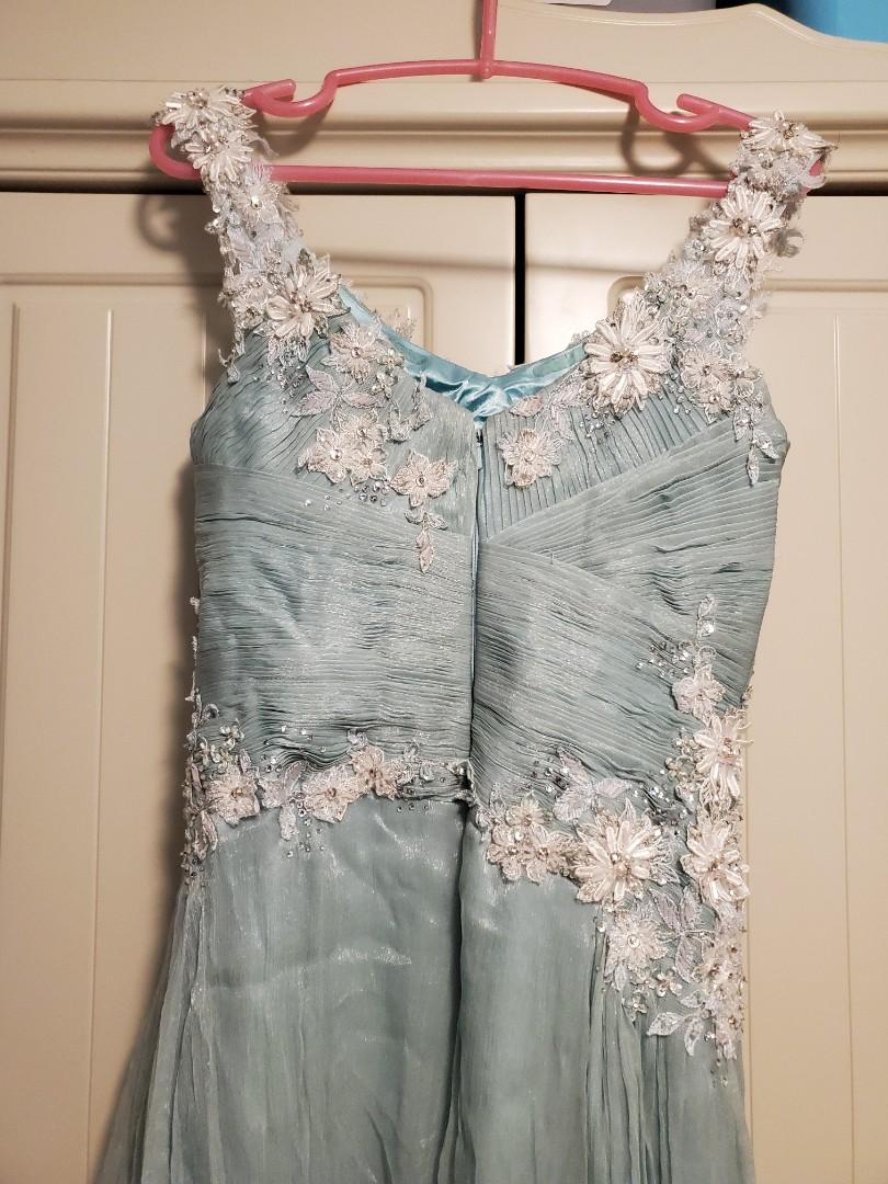 Vintage Green A-line Strap Lace Beaded Tulle Train Ball Gown Evening Dress TP1970