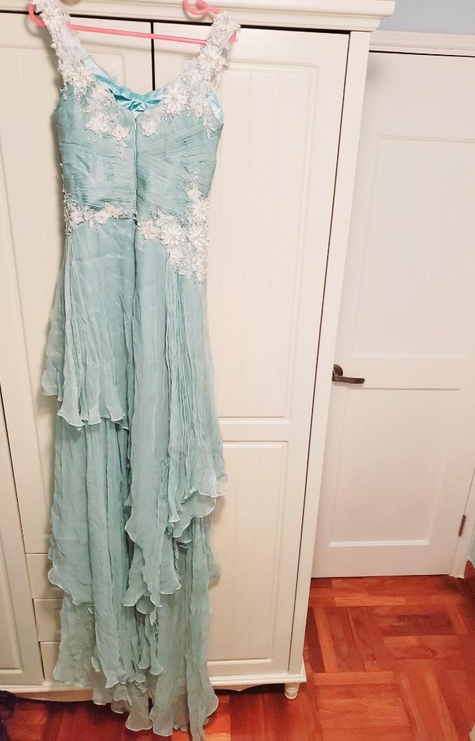 Vintage Green A-line Strap Lace Beaded Tulle Train Ball Gown Evening Dress TP1970