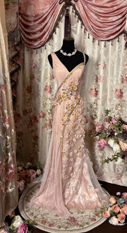 Vintage Pink A-line Strap 3D Floral Tulle Floor Length Ball Gown Evening Dress TP1978