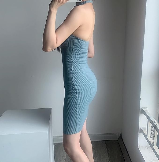 Sexy Blue Mermaid Ribbed Knit Off-The-Shoulder Halter Neck Above-The-Knee Homecoming Dress TP1984