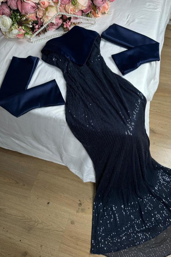 Navy Blue Mermaid Off Shoulder Strapless Sequin Floor Length Formal Prom Gown Evening Dress TP1985