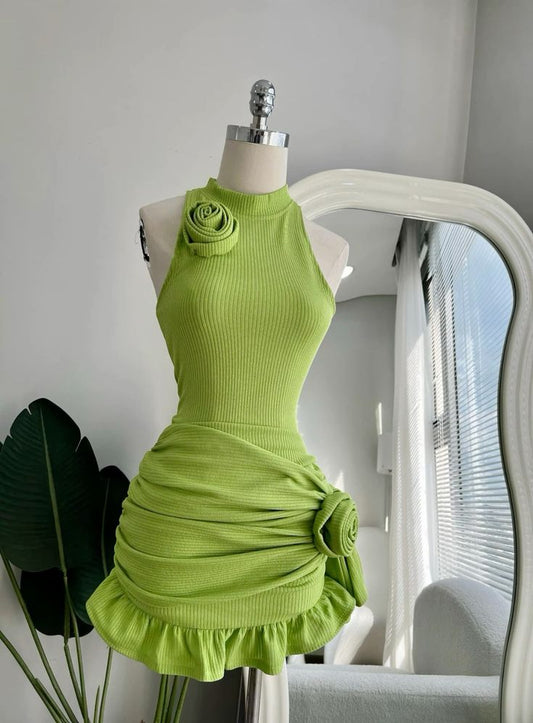 Chic Green Crew Neck Off-The-Shoulder Ribbed Knit Homecoming Dress TP1986
