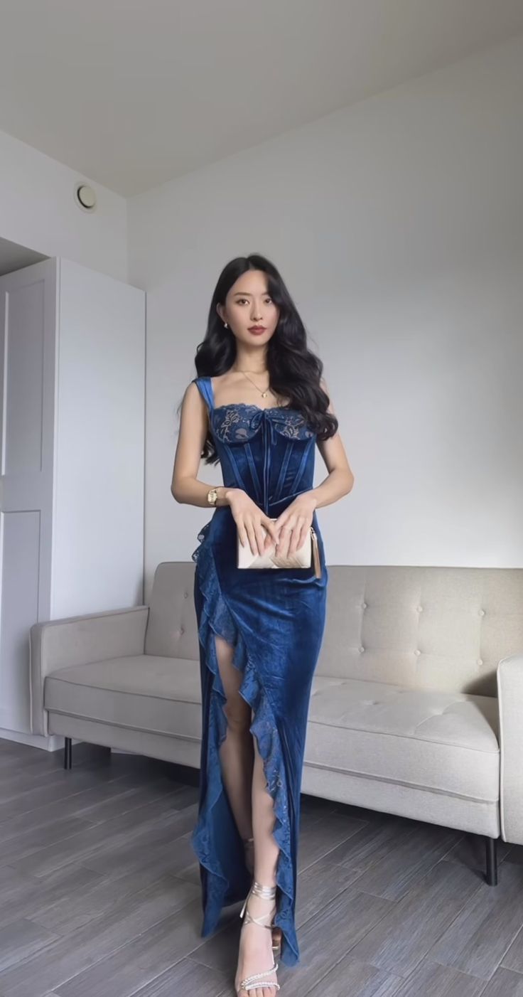 Navy Blue Mermaid Strap Velvet Lace Trim Slit Ball Gown Evening Dress TP2000
