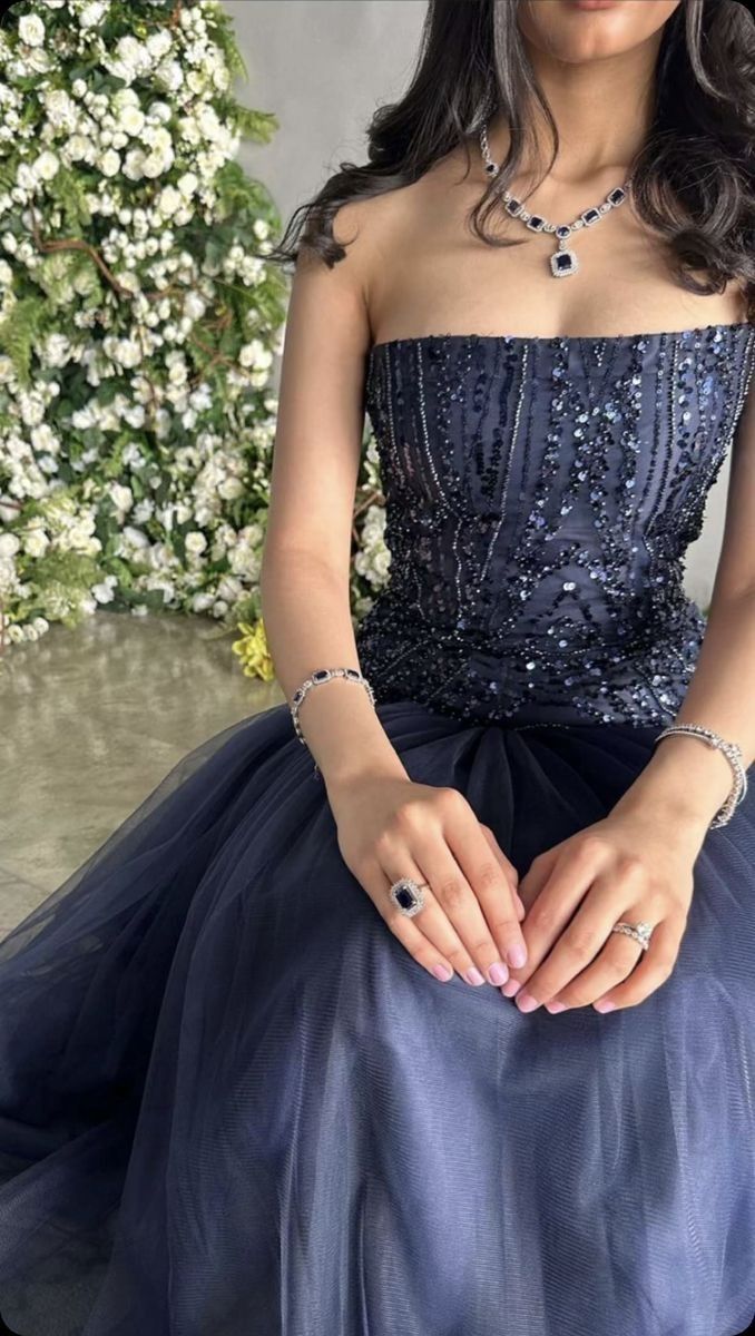 Elegant A-line Strapless Sequined Tulle Formal Prom Gown Evening Dress TP2001