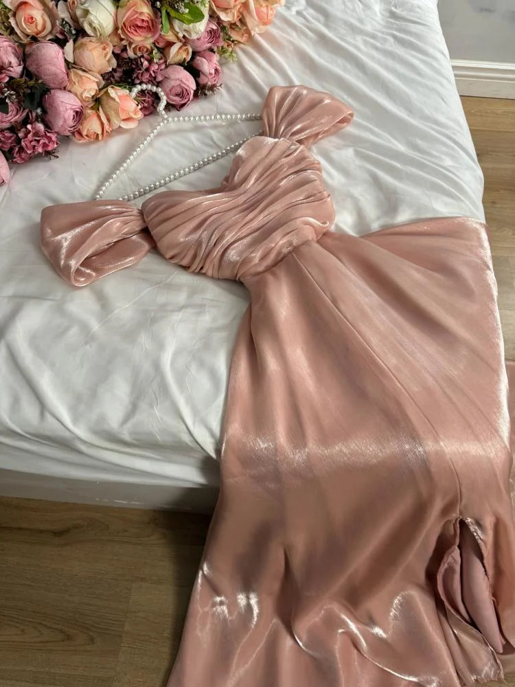 Elegant pink A-line strapless front slit floor-length ball gown evening dress TP2024