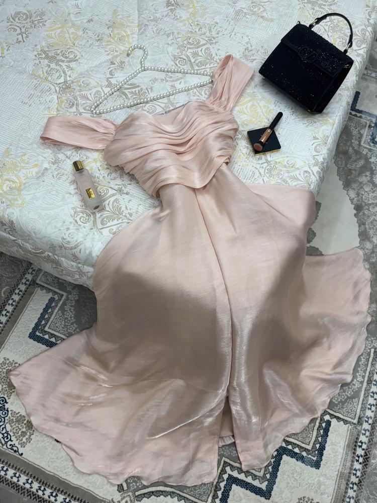 Elegant pink A-line strapless front slit floor-length ball gown evening dress TP2024