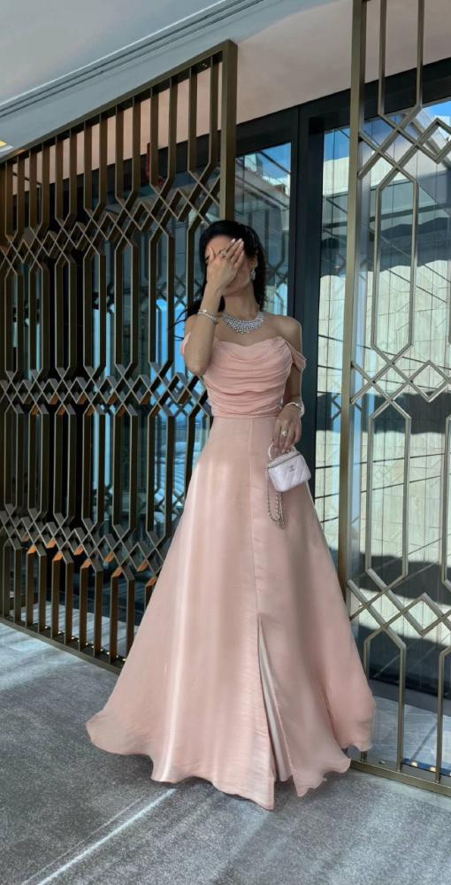 Elegant pink A-line strapless front slit floor-length ball gown evening dress TP2024