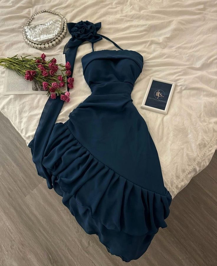Blue Chiffon Halter Neck Off Shoulder Sleeveless Ruffled Homecoming Dress TP2026