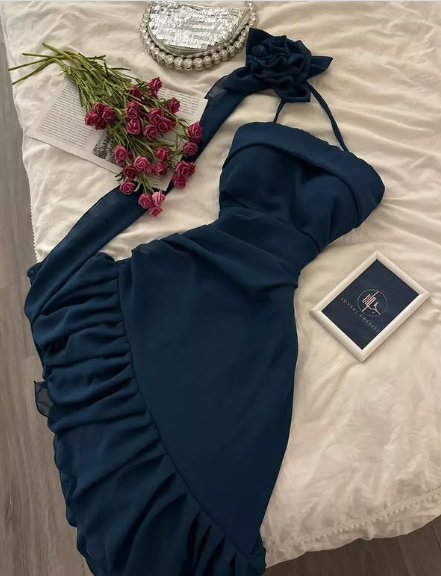 Blue Chiffon Halter Neck Off Shoulder Sleeveless Ruffled Homecoming Dress TP2026