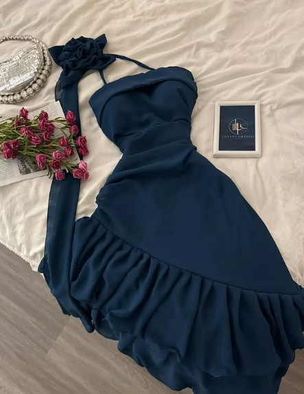 Blue Chiffon Halter Neck Off Shoulder Sleeveless Ruffled Homecoming Dress TP2026