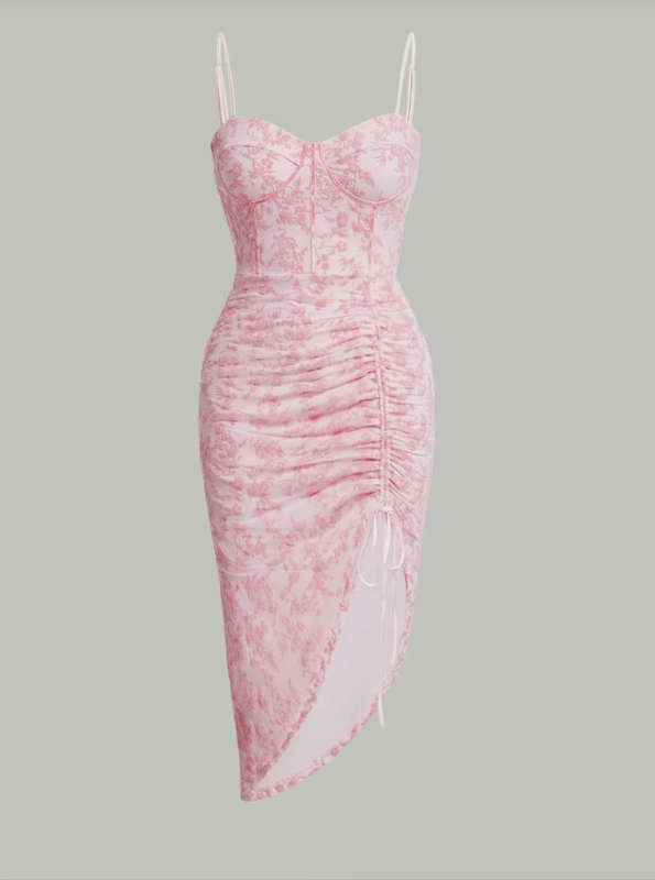 Charming Pink Strap Slit Floral Dress Homecoming Gown TP2027