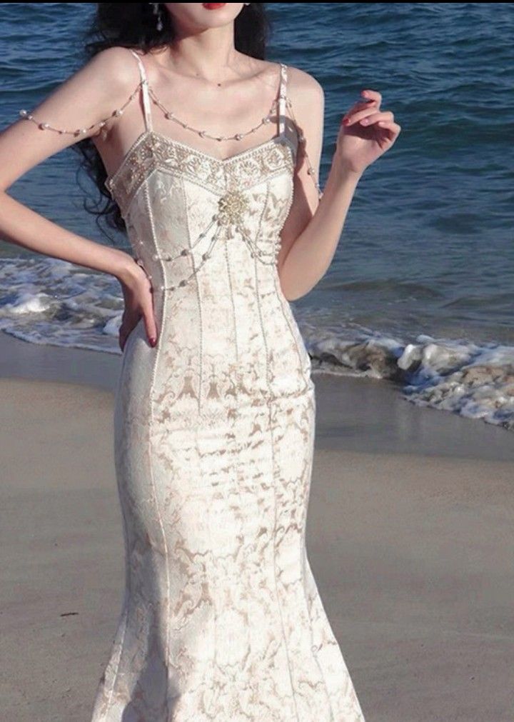Vintage Ivory Mermaid Spaghetti Strap Pearl Lace Ankle-Length Ball Gown Evening Dress TP2039