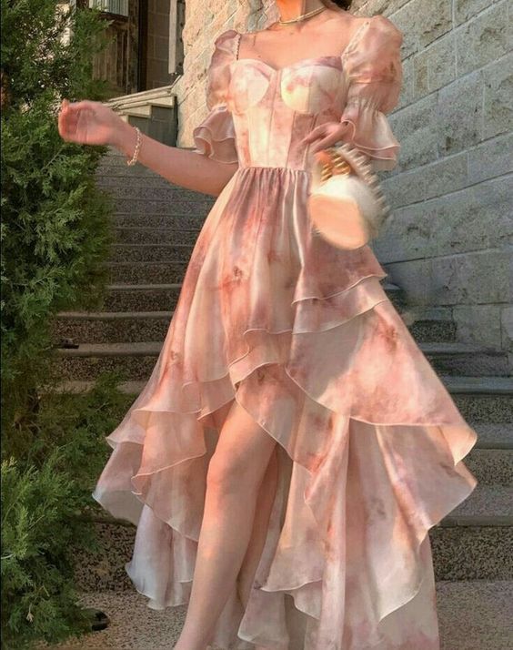 Sweet Pink A-line Short Sleeve Chiffon High-Low Ball Gown Evening Dress TP2051