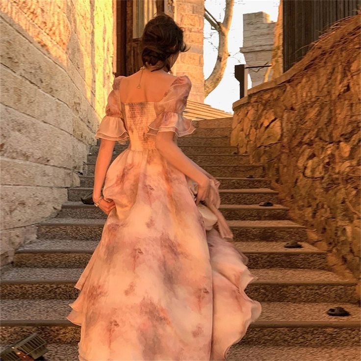 Sweet Pink A-line Short Sleeve Chiffon High-Low Ball Gown Evening Dress TP2051