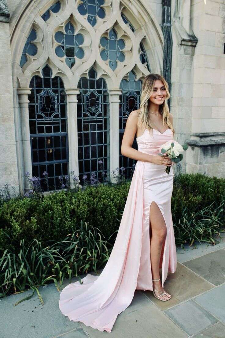 Elegant Pink Sweetheart Neck Mermaid Slit Satin Formal Prom Dress Evening Gown TP2054