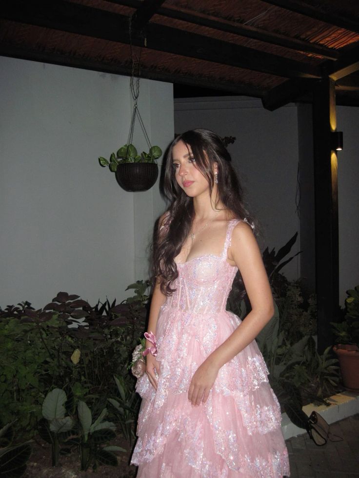 Elegant Pink A-line Strap Slit Layered Shiny Ball Gown Evening Dress TP2058