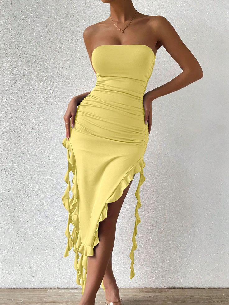 Simple White Mermaid Off-shoulder Strapless Slit Ruffled Ball Gown Evening Dress TP2068