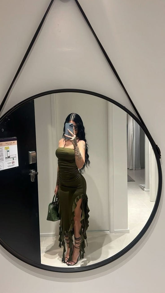 Green Irregular Hem Strapless Ruffled Slit Prom Dress Homecoming Dress TP2069