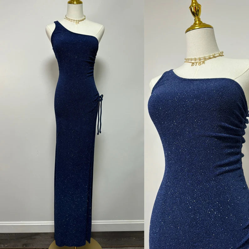 Navy Blue One Shoulder High Slit Sequin Floor Length Formal Ball Gown Evening Dress TP2070