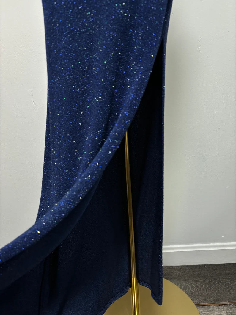 Navy Blue One Shoulder High Slit Sequin Floor Length Formal Ball Gown Evening Dress TP2070