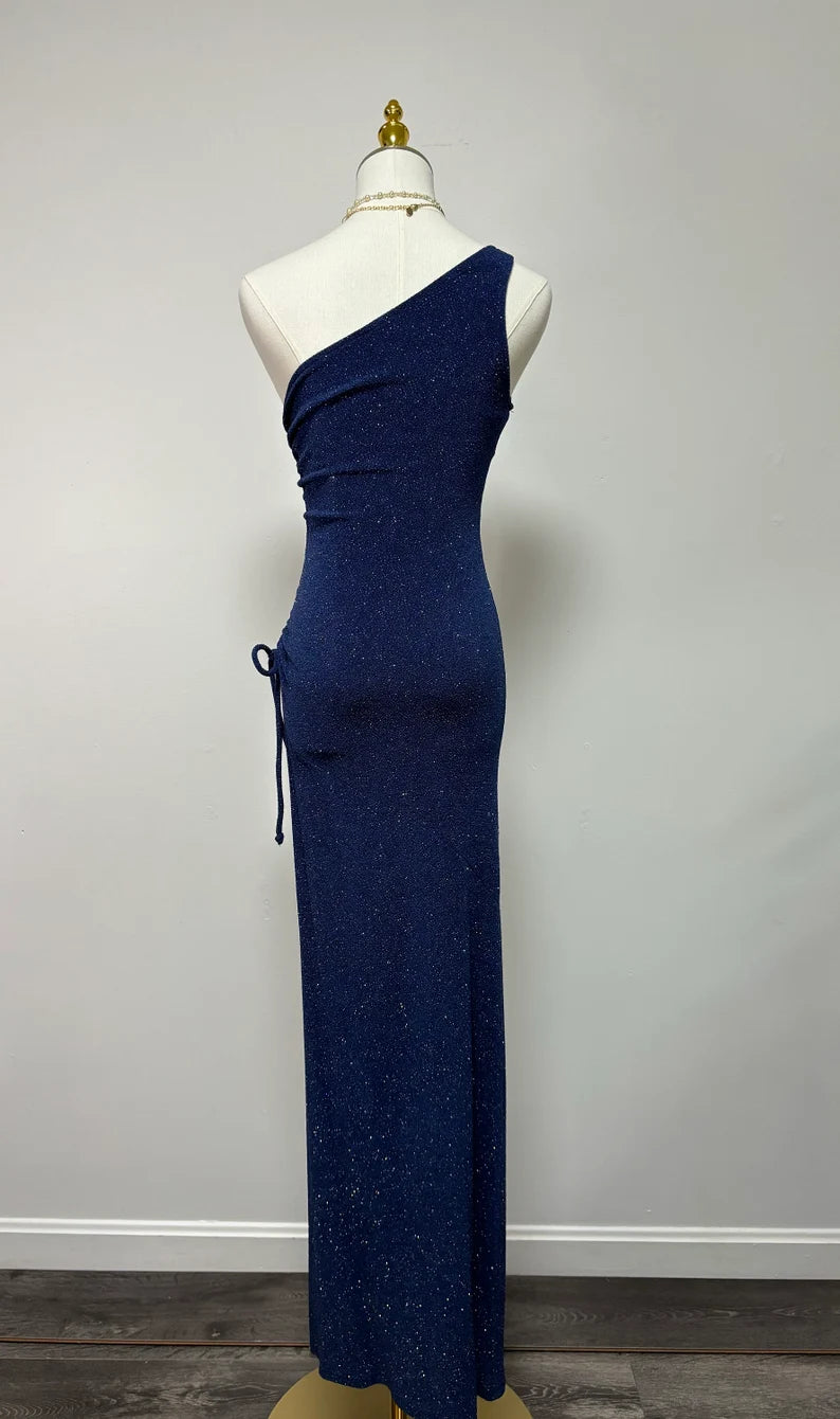 Navy Blue One Shoulder High Slit Sequin Floor Length Formal Ball Gown Evening Dress TP2070