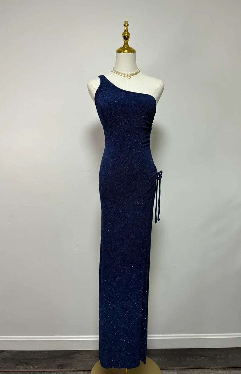 Navy Blue One Shoulder High Slit Sequin Floor Length Formal Ball Gown Evening Dress TP2070