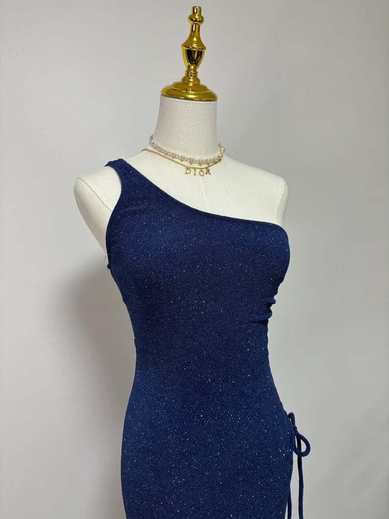 Navy Blue One Shoulder High Slit Sequin Floor Length Formal Ball Gown Evening Dress TP2070