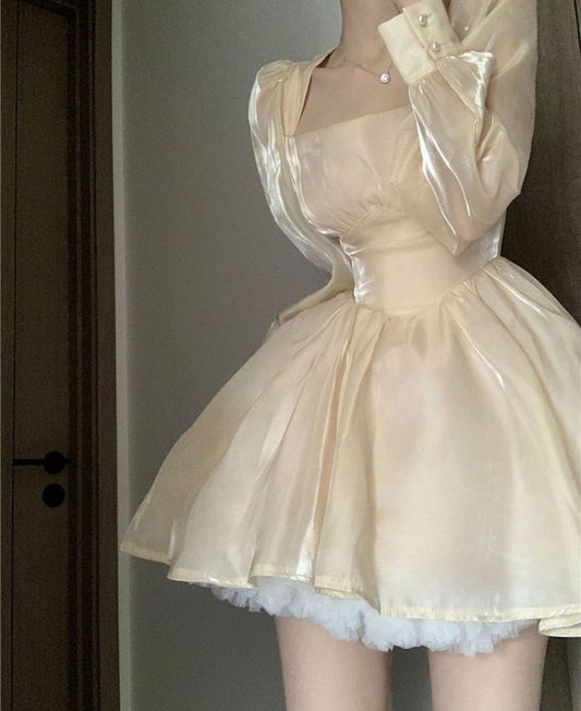 Light Yellow Long Sleeve Short Birthday Party Dress Homecoming Dress TP2076