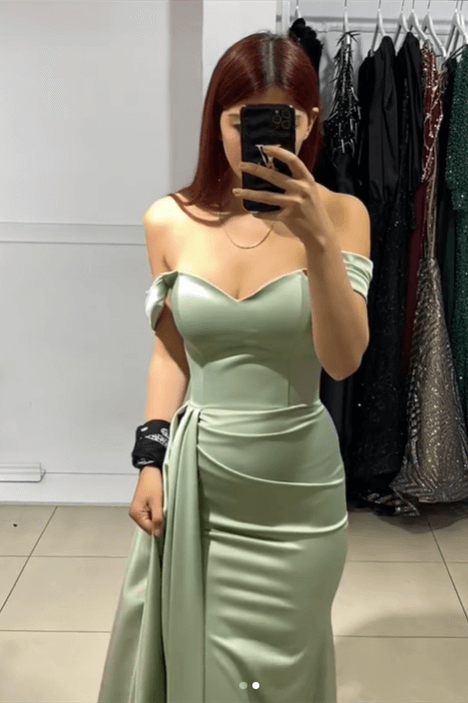 Charming Green Off-The-Shoulder Mermaid Satin Floor-Length Ball Gown Evening Dress TP2085