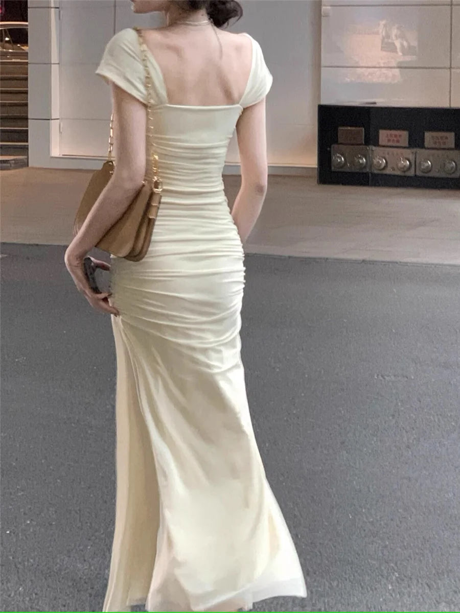 Elegant Light Yellow Mermaid Short Sleeve Chiffon Ankle-Length Dress Ball Gown TP2087