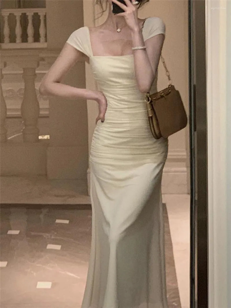 Elegant Light Yellow Mermaid Short Sleeve Chiffon Ankle-Length Dress Ball Gown TP2087