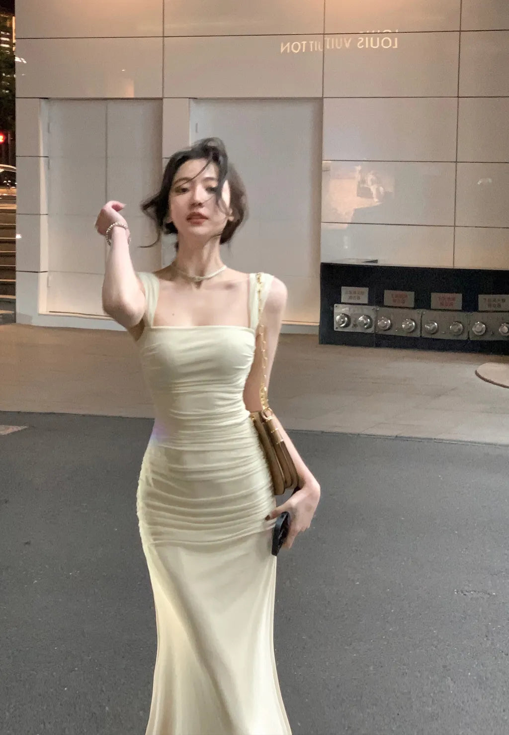 Elegant Light Yellow Mermaid Short Sleeve Chiffon Ankle-Length Dress Ball Gown TP2087