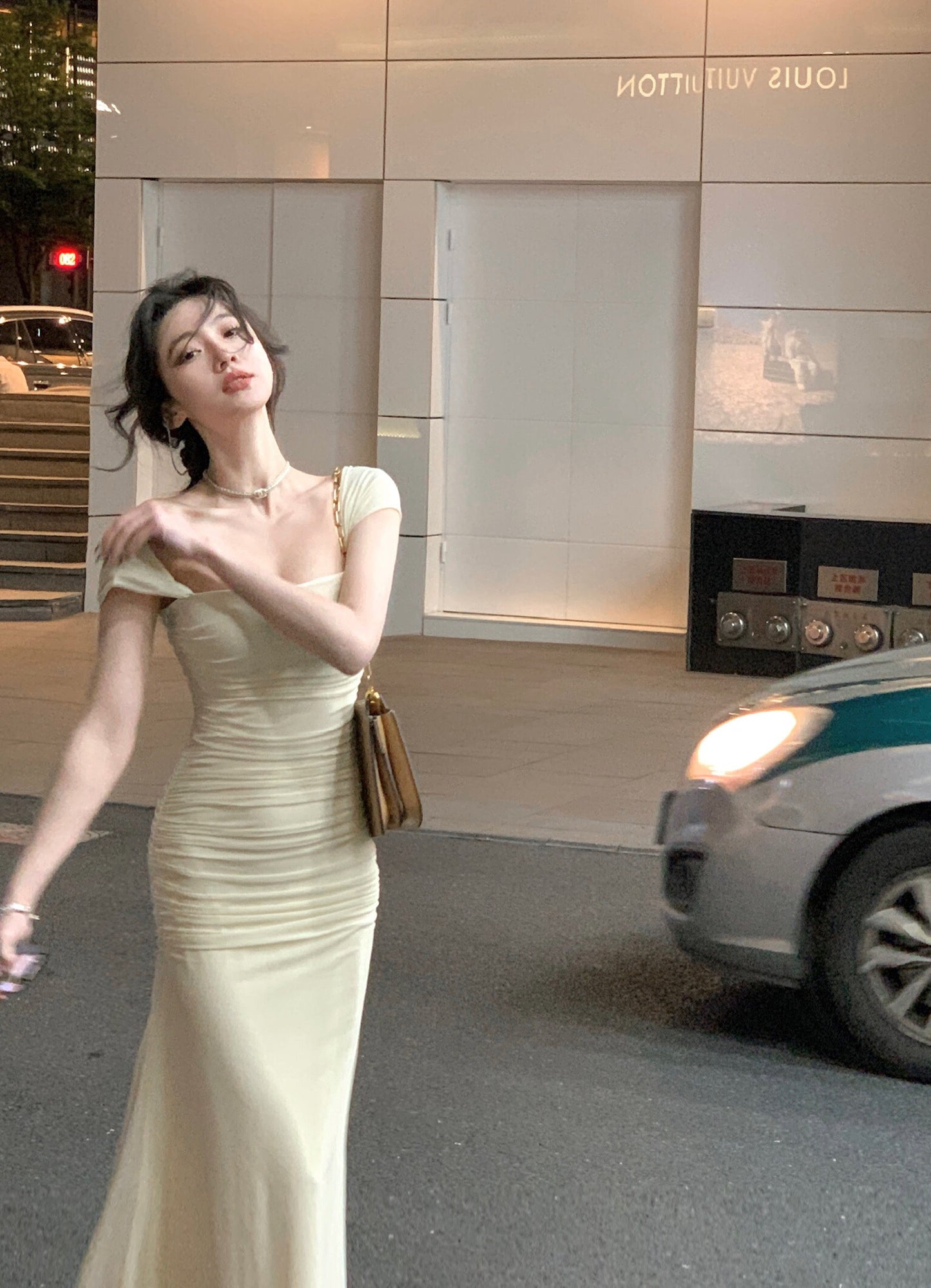 Elegant Light Yellow Mermaid Short Sleeve Chiffon Ankle-Length Dress Ball Gown TP2087