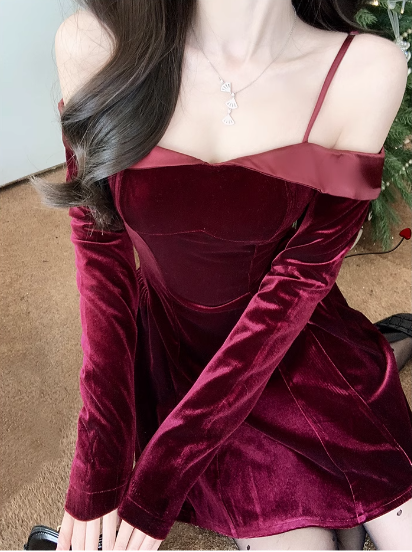 Burgundy A-line Off-shoulder Long Sleeve Velvet Mini Party Dress Homecoming Dress TP2091