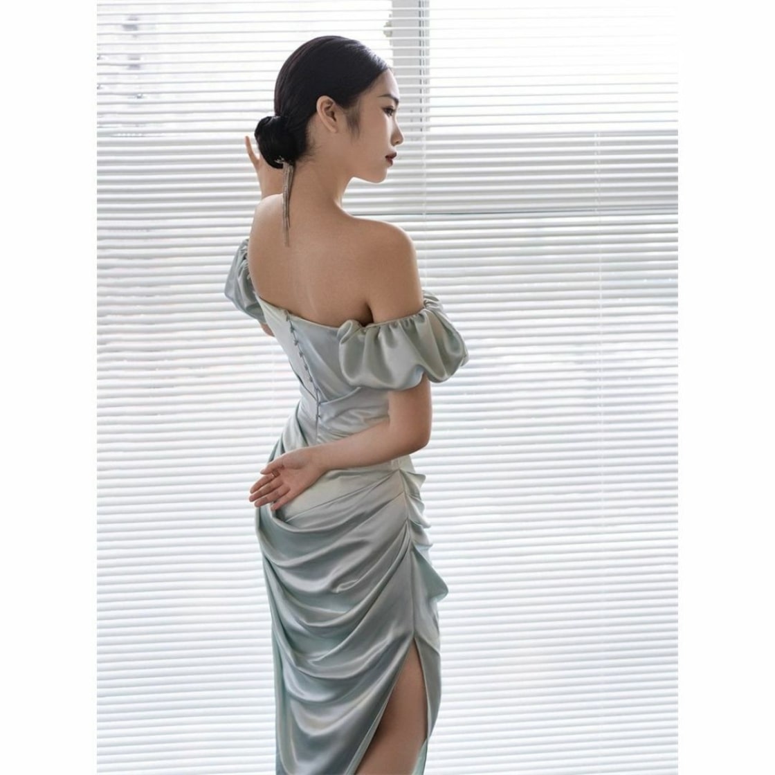 Elegant Blue Mermaid Off Shoulder Slit Formal Bridesmaids Prom Dress TP2094