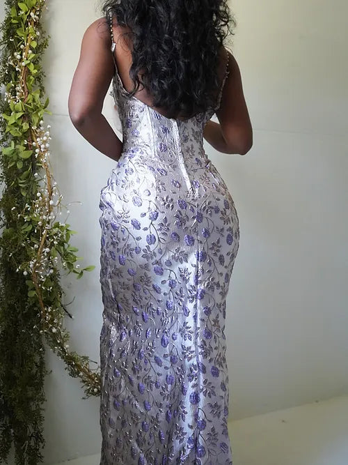 Vintage Purple Mermaid Strap Printed Ball Gown Evening Dress TP2105