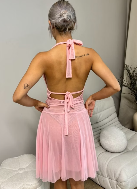 Charming Pink A-line Halter Neck Tulle Short Party Dress Prom Gown TP2109