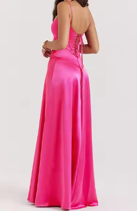 Simple Pink A-line Spaghetti Strap Satin Ball Gown Evening Dress TP2111