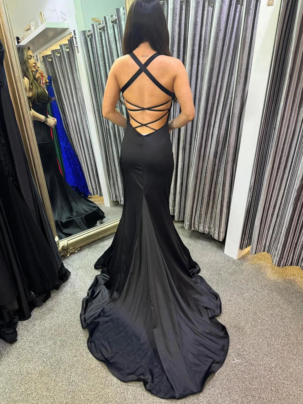 Black Satin Mermaid Straps Simple Long Party Dress, Black Satin Evening Dress TP2121