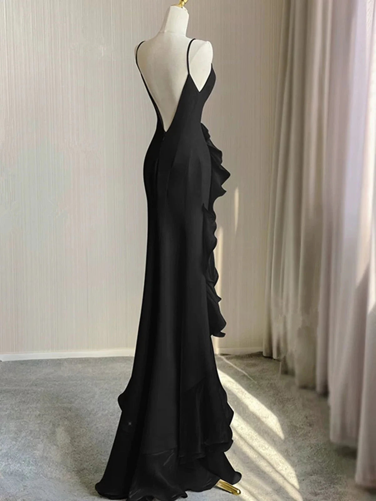 Black Round Neckline Low Back High Low Party Dress, Black Halter Prom Dress TP2124