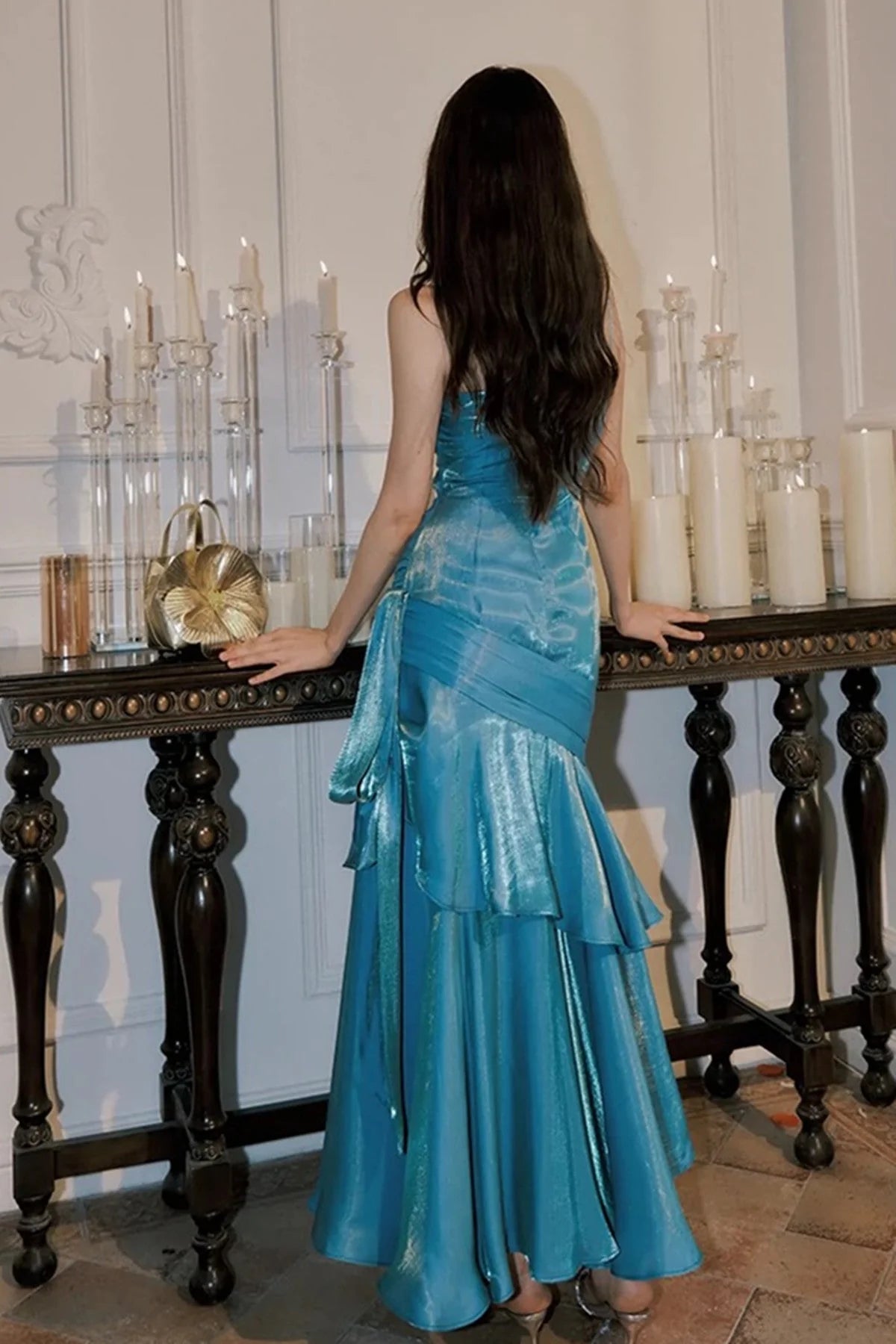 Blue Mermaid Long Sweetheart Floor Length Party Dress, Blue Satin Prom Dress TP2125